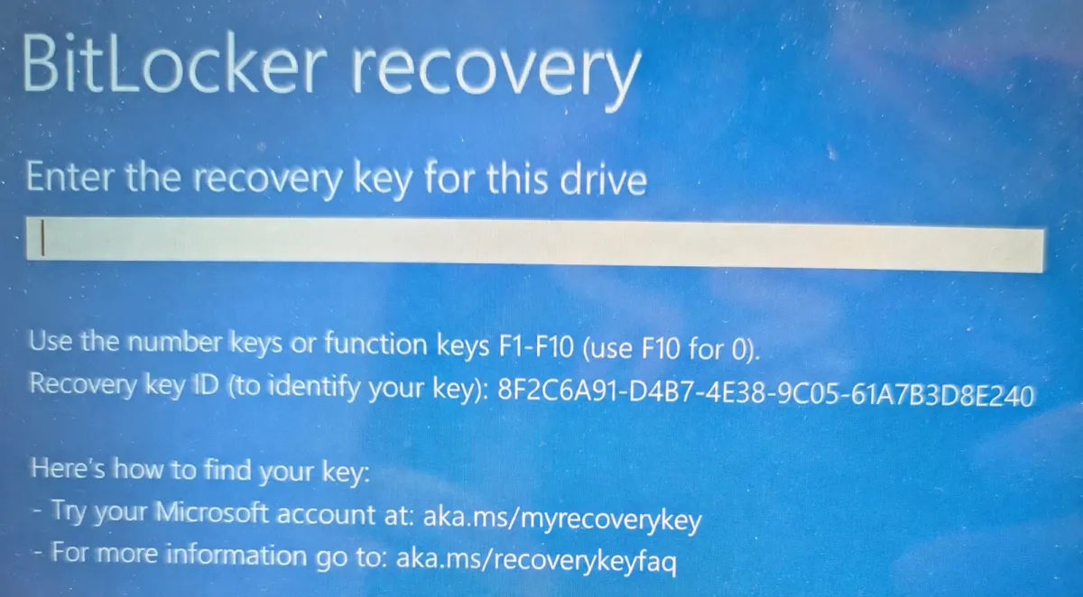 BitLocker recovery screen with an empty key field.