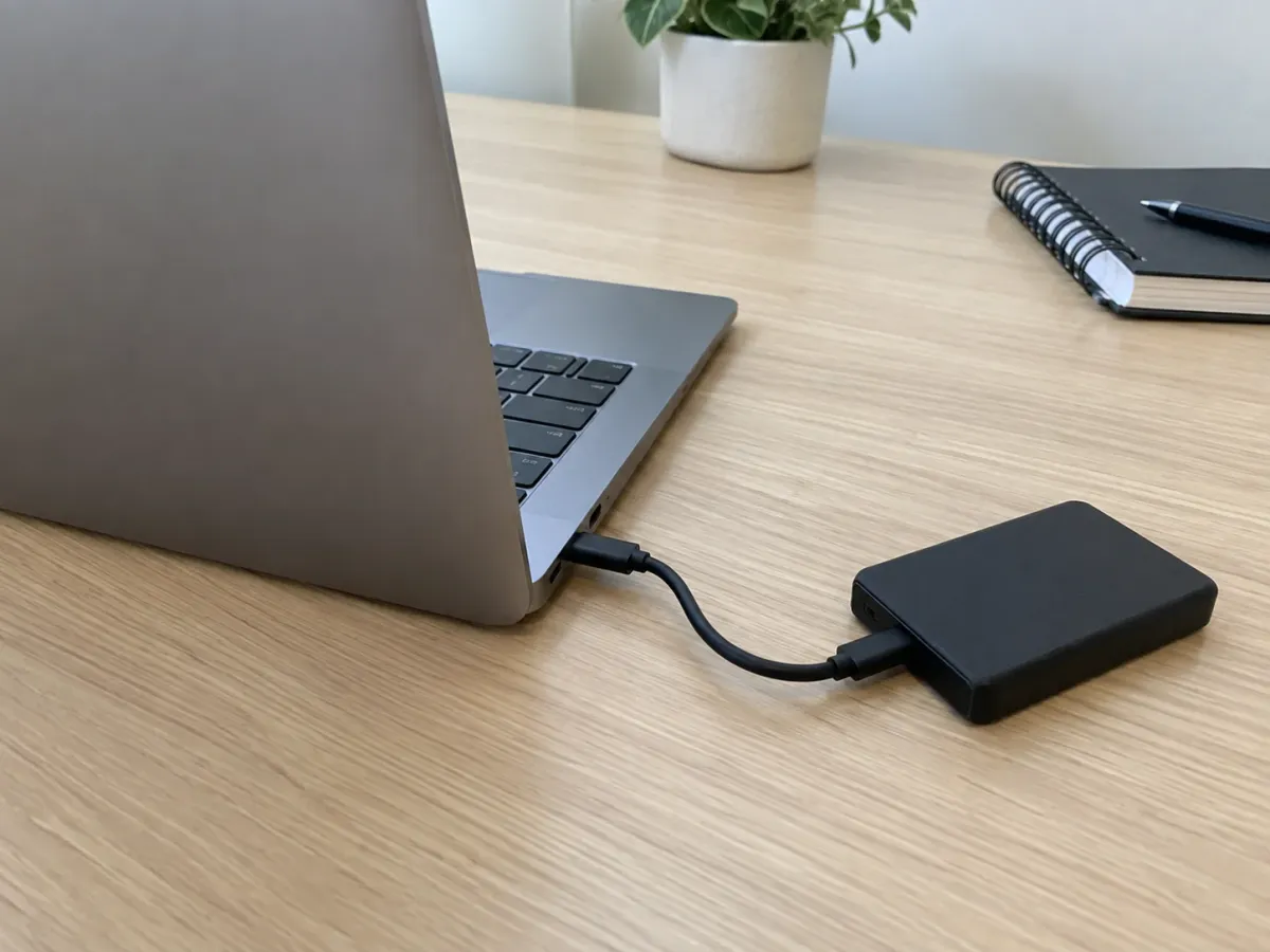 Portable backup drive connected to the side of a laptop.