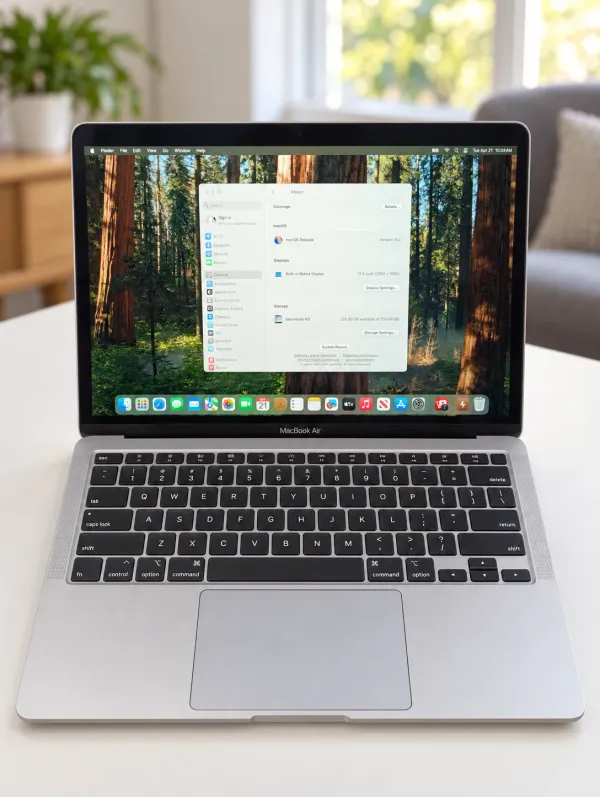 Open silver MacBook Air on a white table with a softly blurred background.