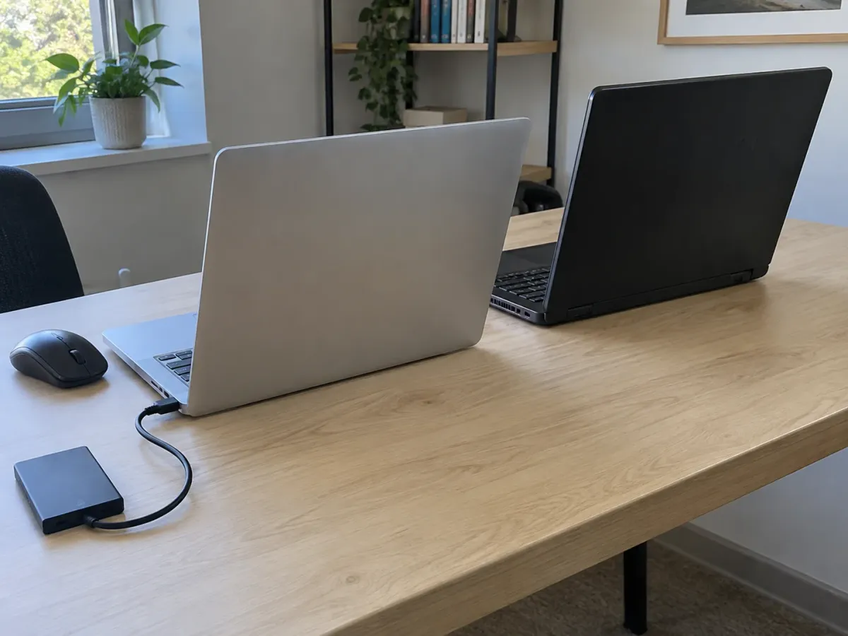 An older laptop and a newer laptop set up with an external transfer drive.