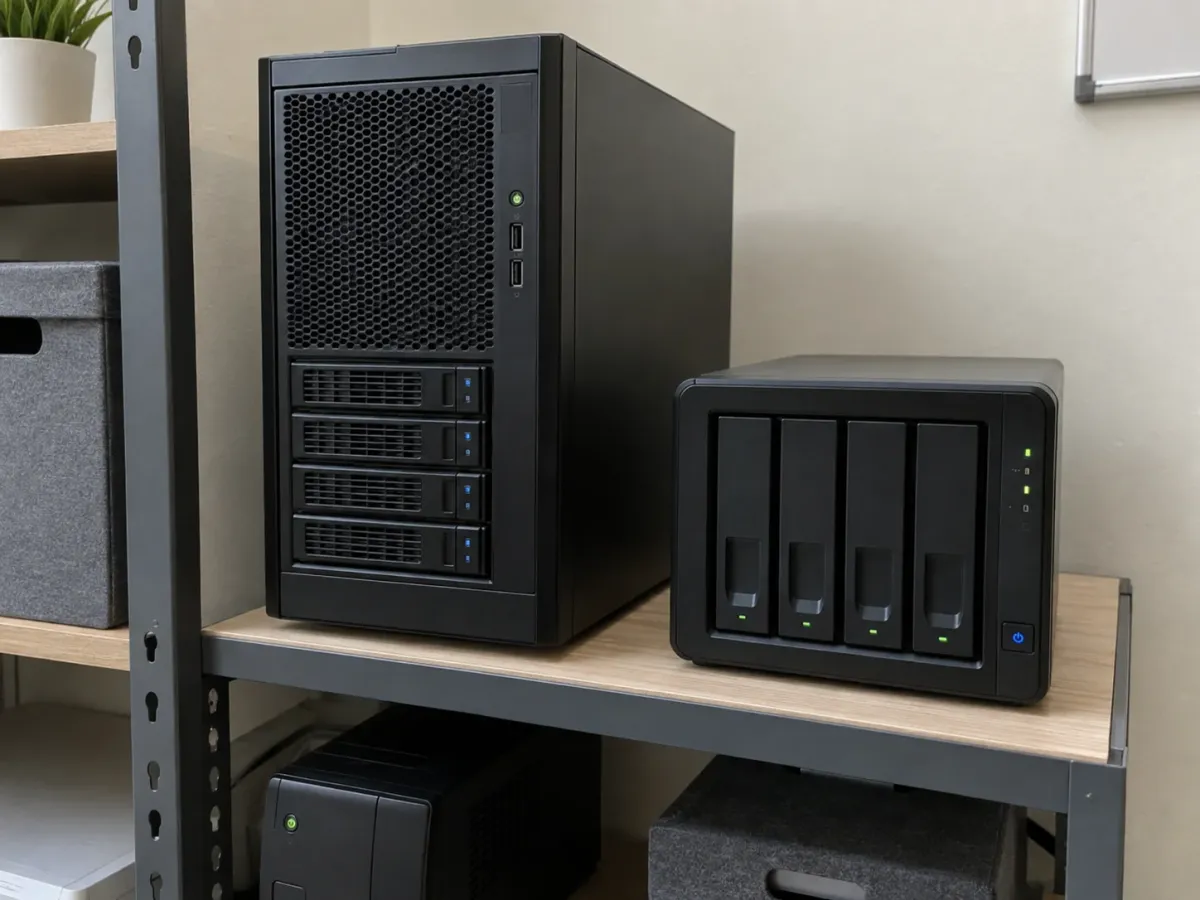 Small-business tower server and four-bay NAS on a shelf.