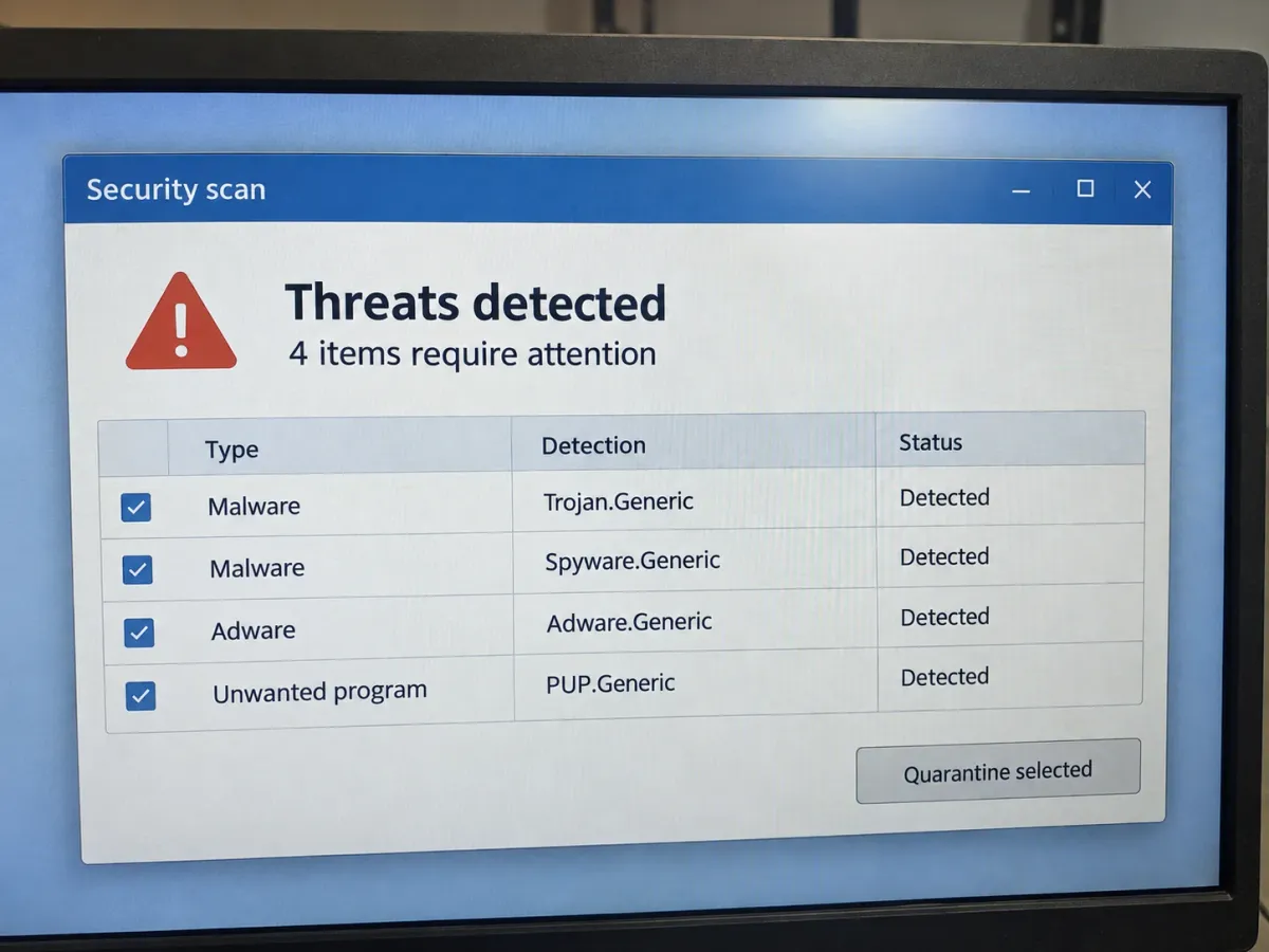 Illustration of an unbranded antivirus scan reporting four detections